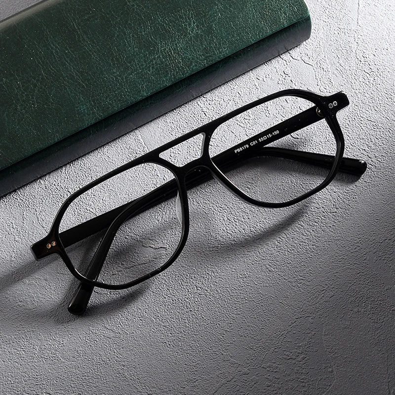 Gatenac Unisex Full Rim Flat Top Round Double Bridge Acetate Eyeglasses 1232 Full Rim Gatenac Black