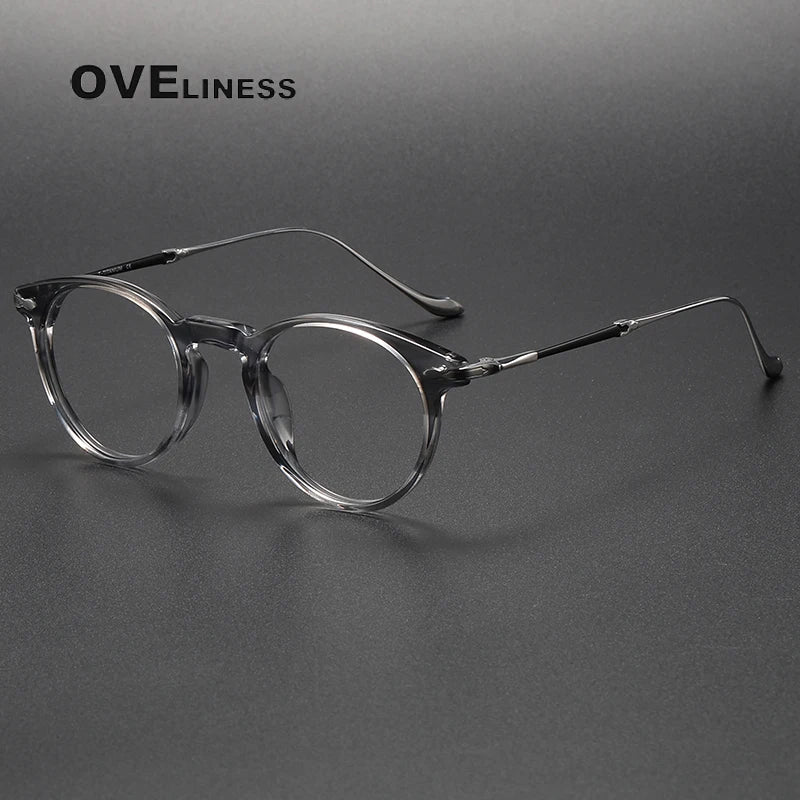 Oveliness Unisex Full Rim Round Acetate Titanium Eyeglasses 2056 Full Rim Oveliness stripe grey C2