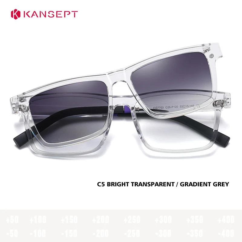 Kansept Unisex Full Rim Square Tr 90 Alloy Reading Glasses Clip On Sunglasses 57703