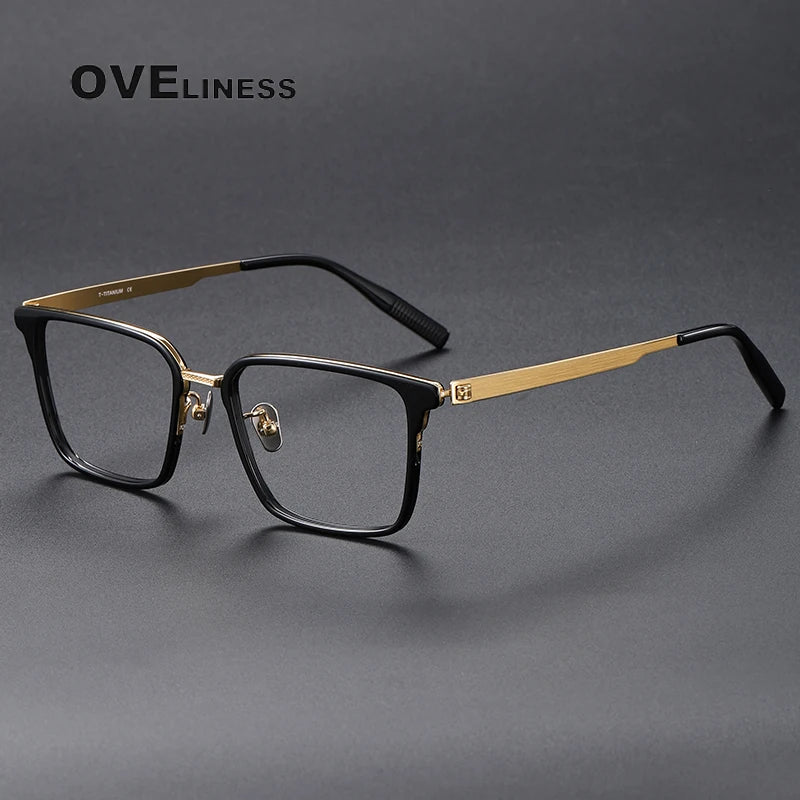 Oveliness Unisex Full Rim Square Screwless Acetate Titanium Eyeglasses 80986 Full Rim Oveliness black gold  