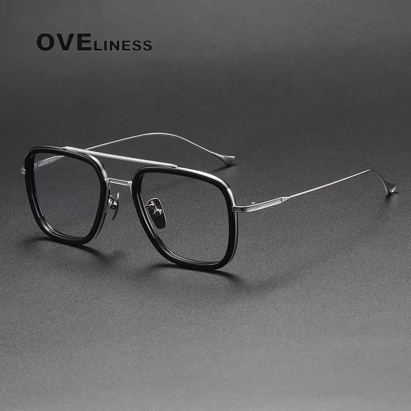 Oveliness Unisex Full Rim Square Double Bridge Acetate Titanium Eyeglasses 714006 Full Rim Oveliness black silver