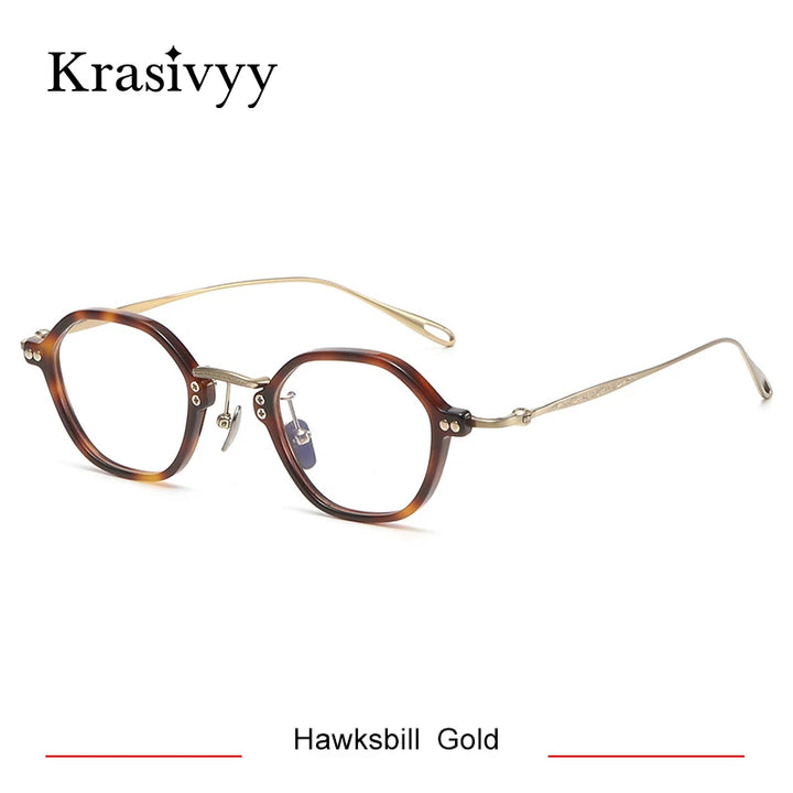 Krasivyy Unisex Full Rim Flat Top Polygon Titanium Acetate Eyeglasses 45957 Full Rim Krasivyy Hawksbill Gold