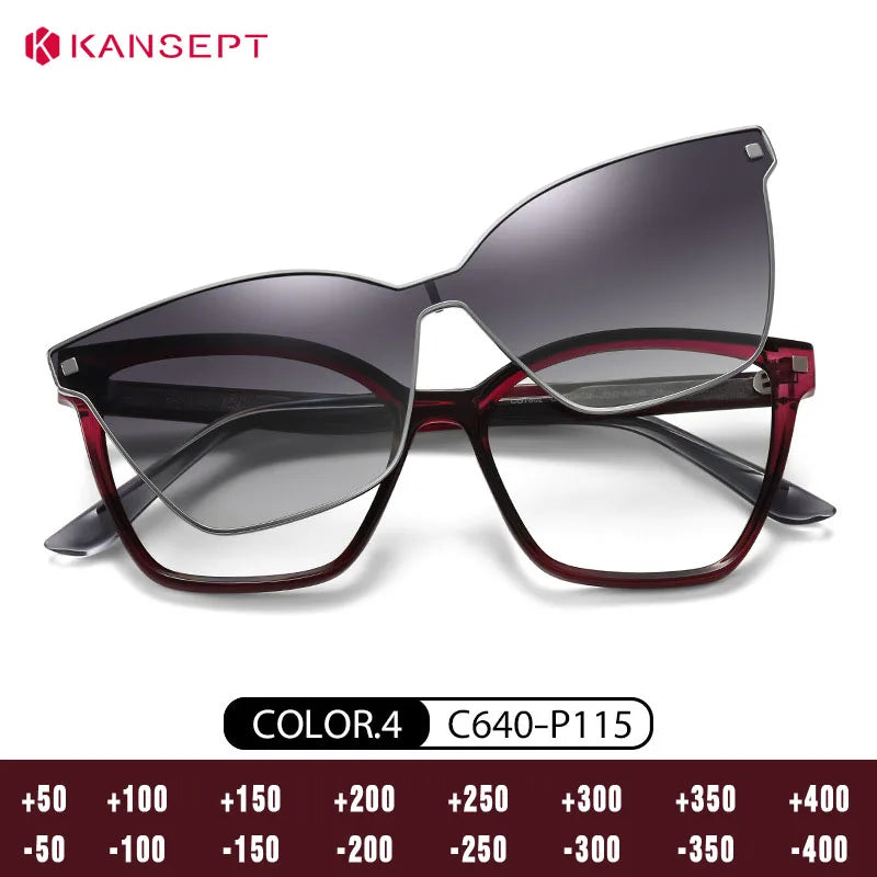 Kansept Women's Full Rim Square Tr 90 Reading Glasses Clip On Sunglasses 87802