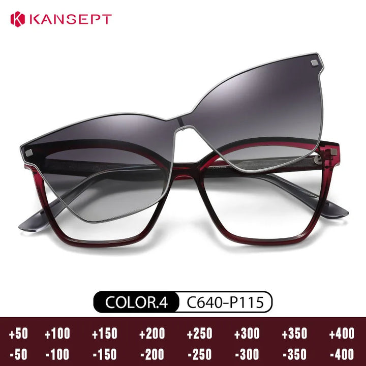 Kansept Women's Full Rim Square Tr 90 Reading Glasses Clip On Sunglasses 87802