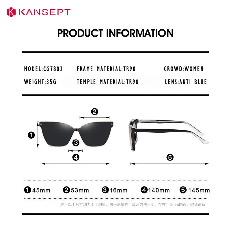 Kansept Women's Full Rim Square Tr 90 Reading Glasses Clip On Sunglasses 87802