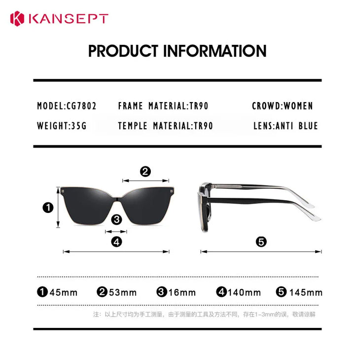 Kansept Women's Full Rim Square Tr 90 Reading Glasses Clip On Sunglasses 87802