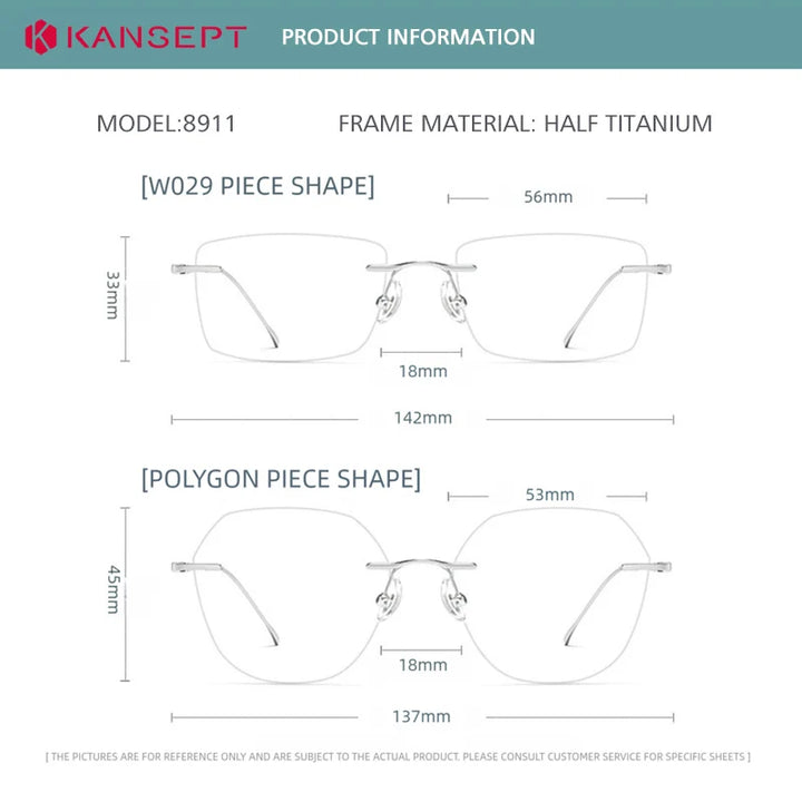 Kansept Unisex Rimless Square Polygon Titanium Reading Glasses 8911/12