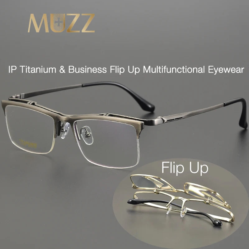 Muzz Men's Semi Rim Square Flip Up Titanium Eyeglasses 6152 Semi Rim Muzz