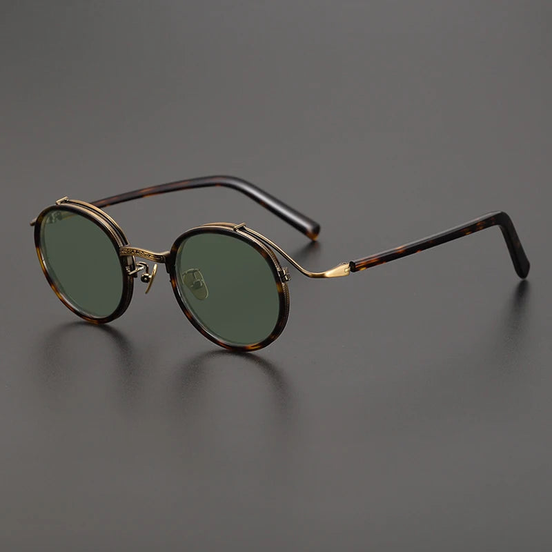 Gatenac Unisex Full Rim Round Polarized Acetate Titanium Sunglasses Mo12 Sunglasses Gatenac Tortoiseshell Green