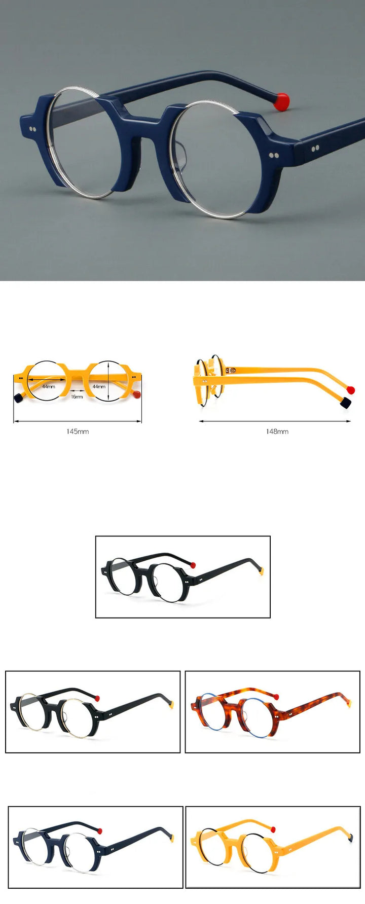 CCspace Unisex Semi Rim Round Acetate Eyeglasses 301778 Semi Rim CCspace