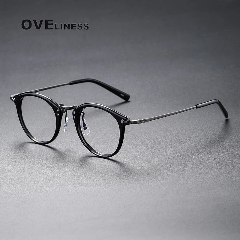 Oveliness Unisex Full Rim Round Acetate Titanium Eyeglasses C805 Full Rim Oveliness black