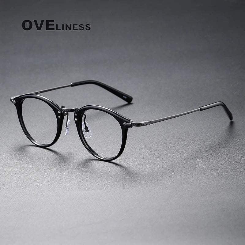 Oveliness Unisex Full Rim Round Acetate Titanium Eyeglasses C805 Full Rim Oveliness black  