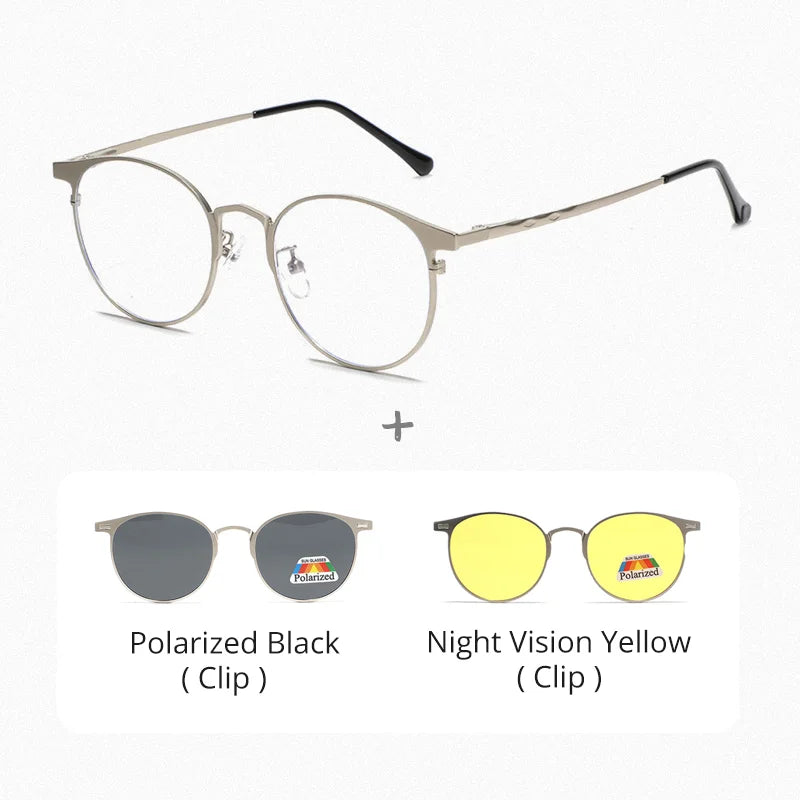Ralferty Unisex Full Rim Round Alloy Eyeglasses Clip On Polarized Sunglasses R8010 With Clip Ons Ralferty C2SilverFrame 2Clip CHINA