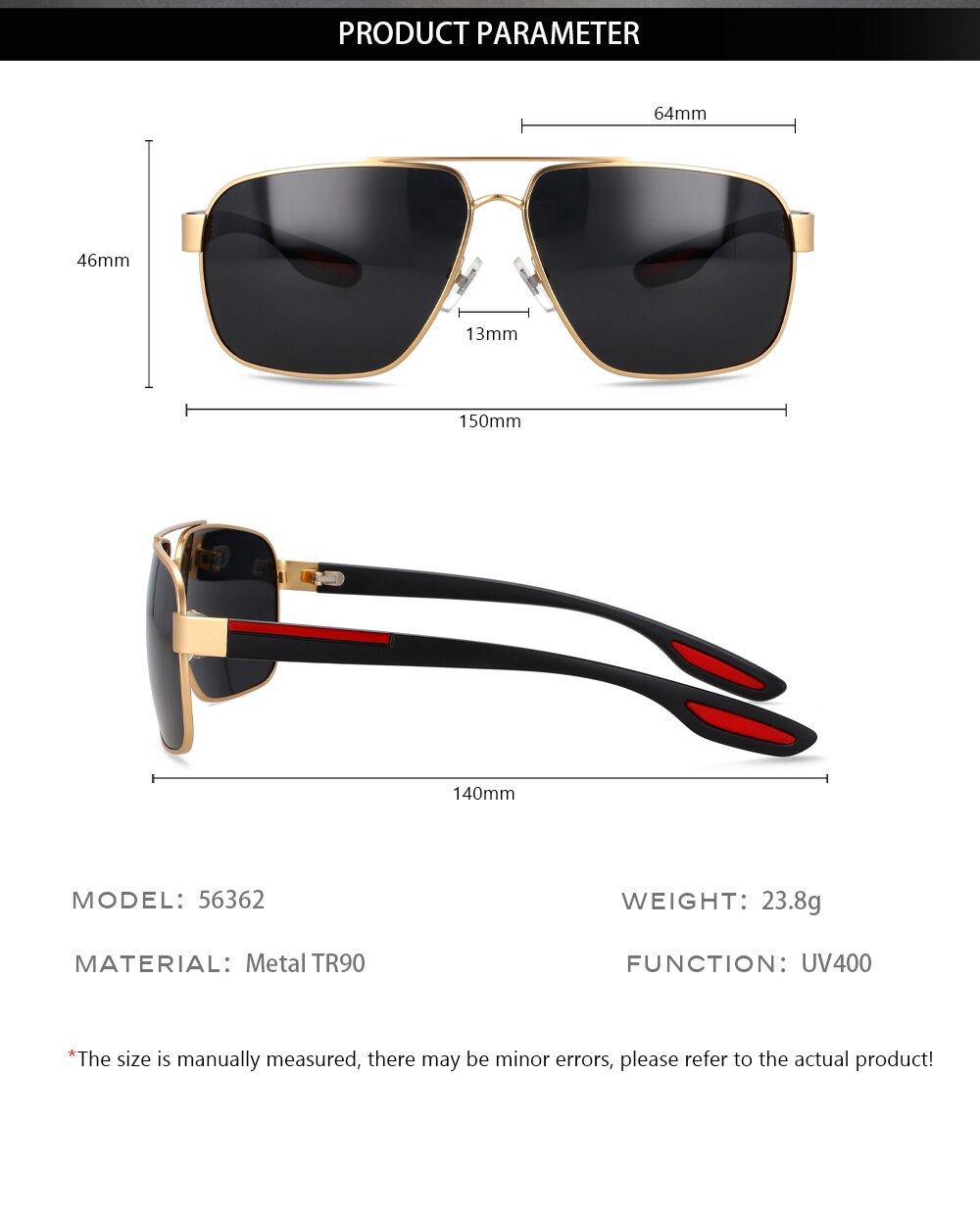 CCspace Men's Full Rim Square Double Bridge Alloy Polarized Sunglasses 56362 Sunglasses CCspace Sunglasses