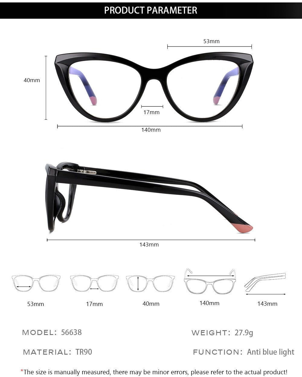 CCspace Unisex Full Rim Square Cat Eye PC Eyeglasses 56638 Full Rim CCspace