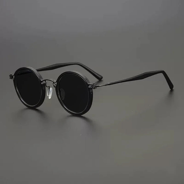 Gatenac Unisex Full Rim Round Polarized Acetate Titanium Sunglasses Mo10 Sunglasses Gatenac Black Gray