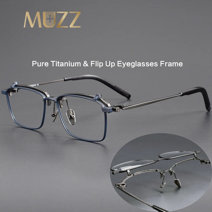 Muzz Men's Full Rim Polygon Square Titanium Flip Up Eyeglasses 852401 Full Rim Muzz