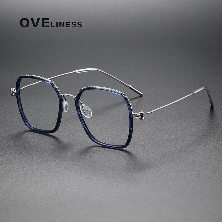 Oveliness Unisex Full Rim Square Acetate Titanium Eyeglasses 80895 Full Rim Oveliness blue silver