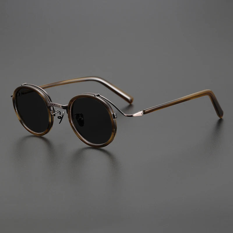 Gatenac Unisex Full Rim Round Polarized Acetate Titanium Sunglasses Mo12 Sunglasses Gatenac Stripe Gray