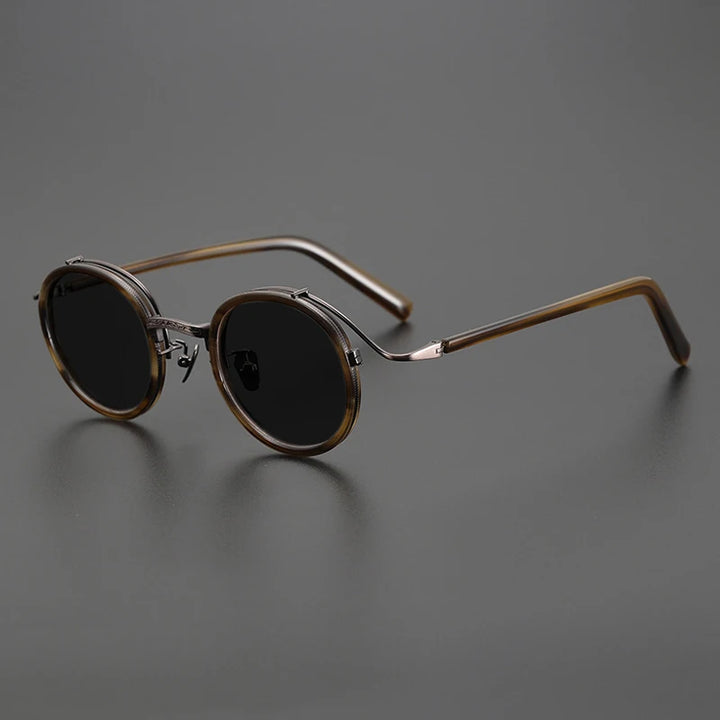 Gatenac Unisex Full Rim Round Polarized Acetate Titanium Sunglasses Mo12 Sunglasses Gatenac Stripe Gray