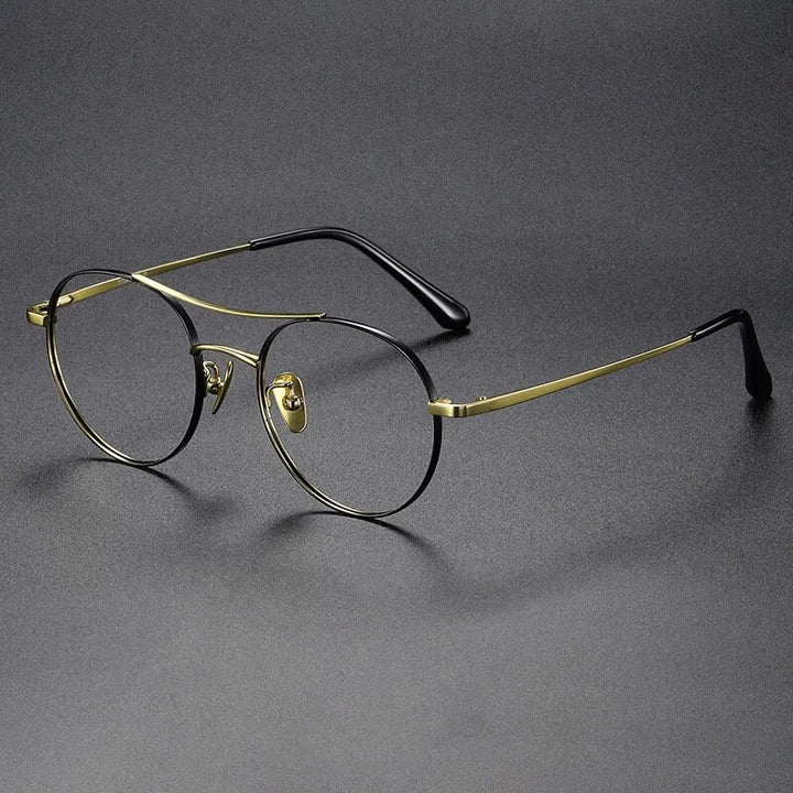 Hdcrafter Unisex Full Rim Round Double Bridge Titanium Eyeglasses 86578 Full Rim Hdcrafter Eyeglasses Black-Gold