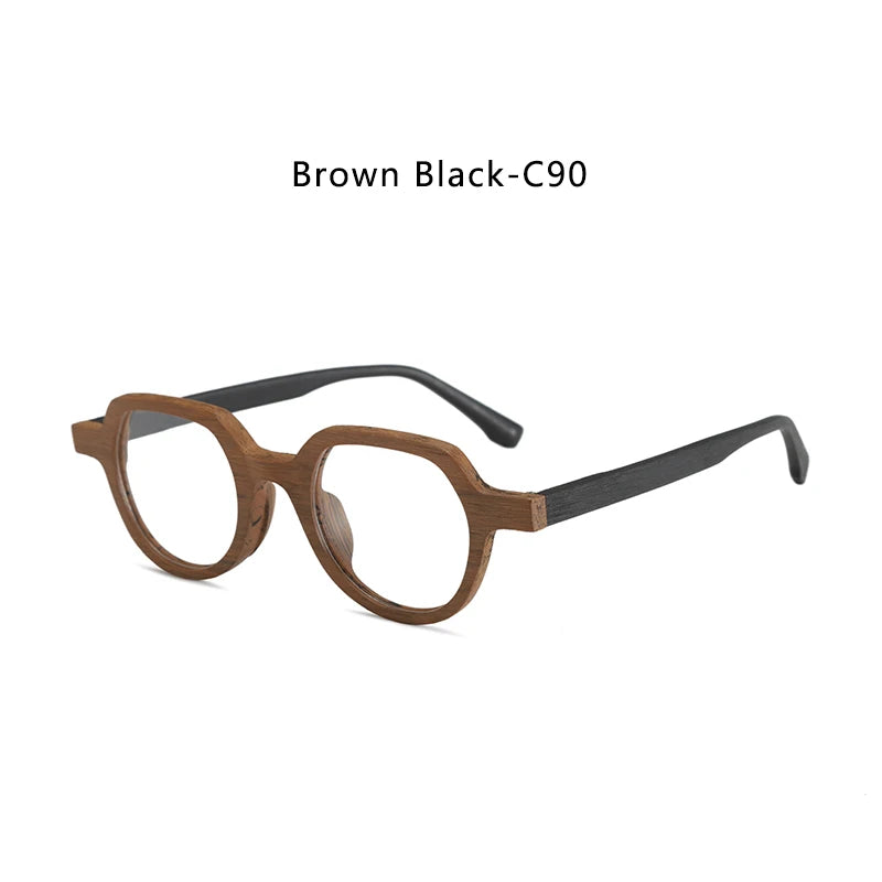 Hdcrafter Unisex Full Rim Flat Top Round Wood Eyeglasses 2311 Full Rim Hdcrafter Eyeglasses Brown-Black-C90