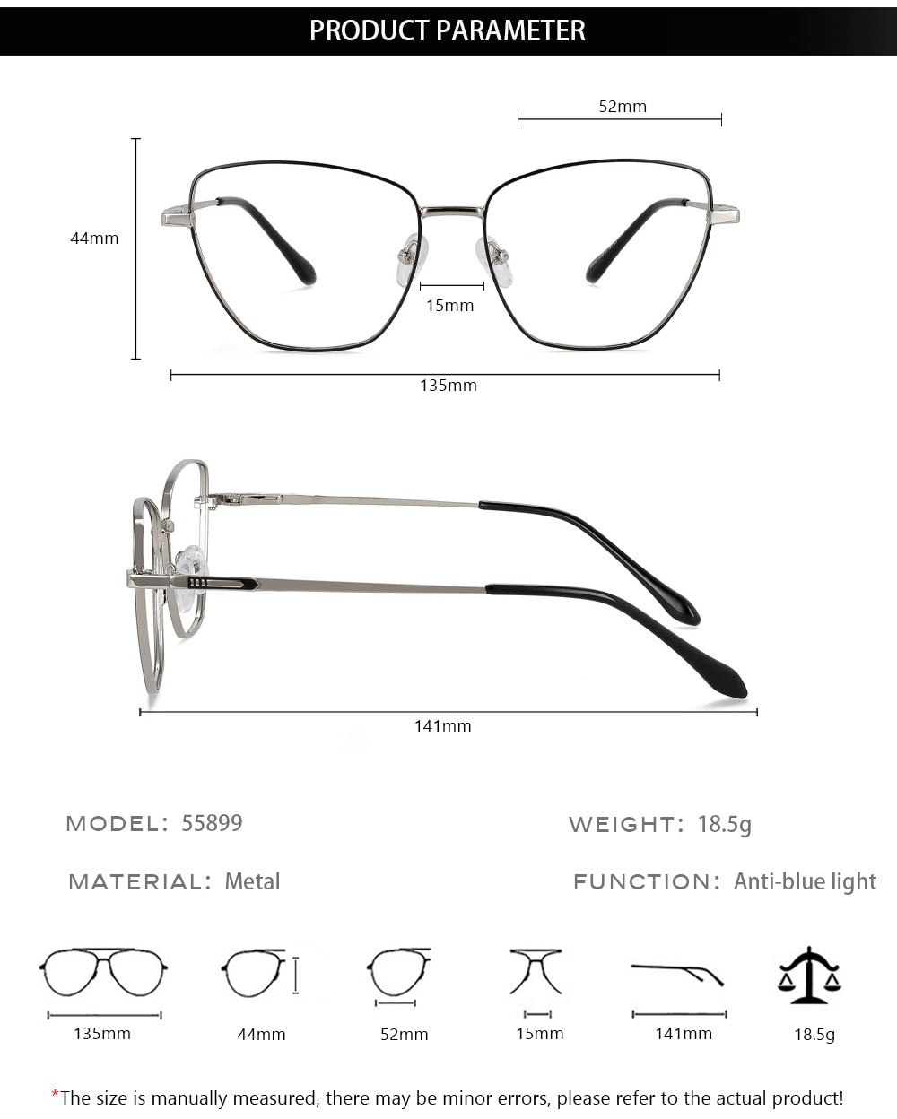 CCspace Unisex Full Rim Square Cat Eye Alloy Eyeglasses 55899 Full Rim CCspace