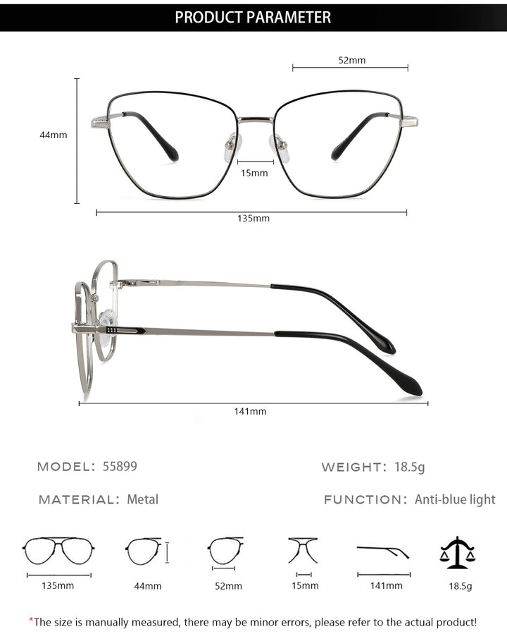 CCspace Unisex Full Rim Square Cat Eye Alloy Eyeglasses 55899 Full Rim CCspace