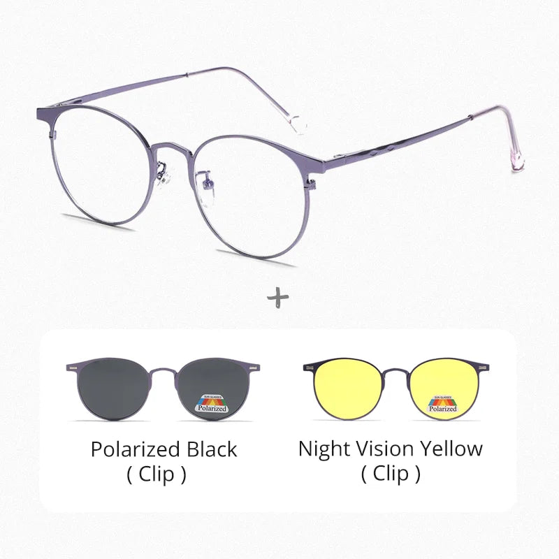 Ralferty Unisex Full Rim Round Alloy Eyeglasses Clip On Polarized Sunglasses R8010 With Clip Ons Ralferty C5PurpleFrame 2Clip CHINA