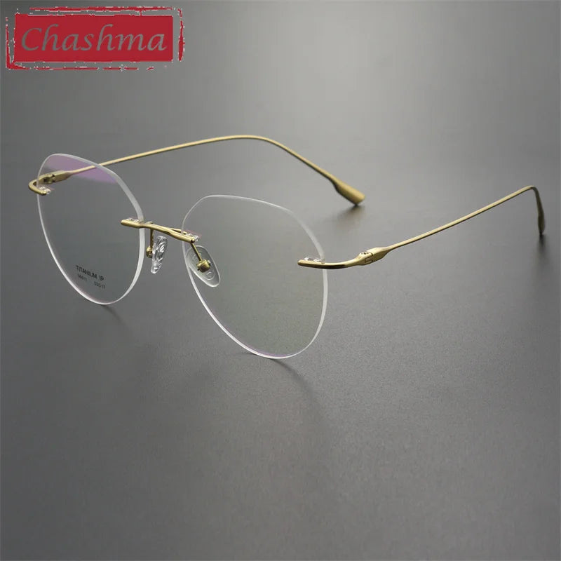 Chashma Ottica Unisex Rimless Flat Top Round Titanium Eyeglasses 96611 Rimless Chashma Ottica Gold  