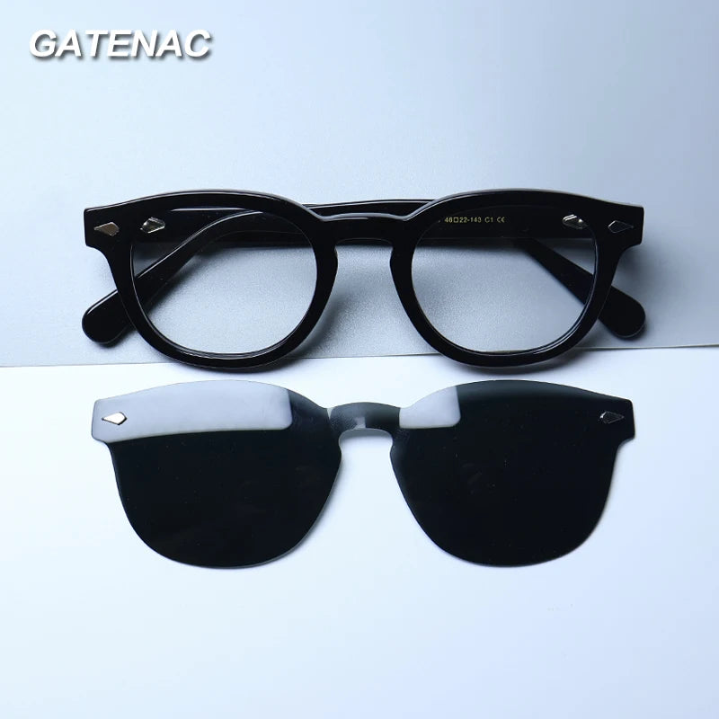 Gatenac Unisex Full Rim Round Acetate Optional Clip On Sunglasses 1237 Clip On Sunglasses Gatenac   