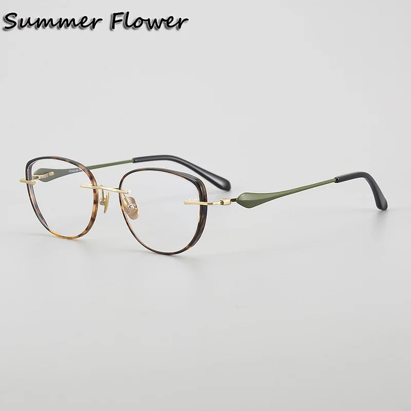 Summer Flower Unisex Full Rim Flat Top Oval Titanium Eyeglasses 842017 Full Rim Summer Flower Green-Gold