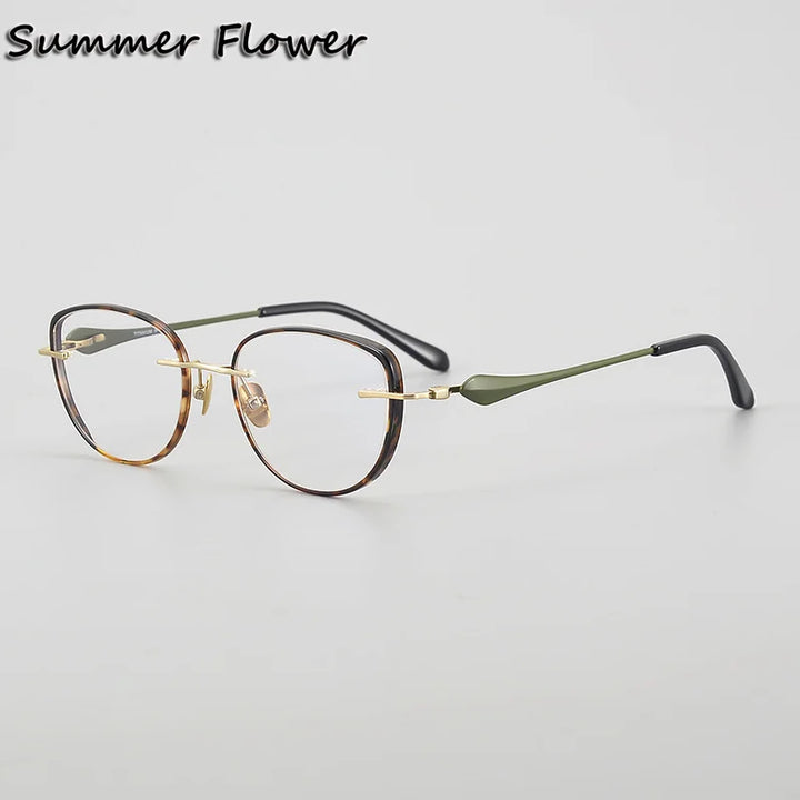 Summer Flower Unisex Full Rim Flat Top Oval Titanium Eyeglasses 842017 Full Rim Summer Flower Green-Gold