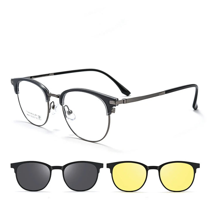 Bclear Unisex Full Rim Round Alloy Eyeglasses Clip On Polarized Sunglasses 9820 With Clip Ons Bclear Transparent Gray