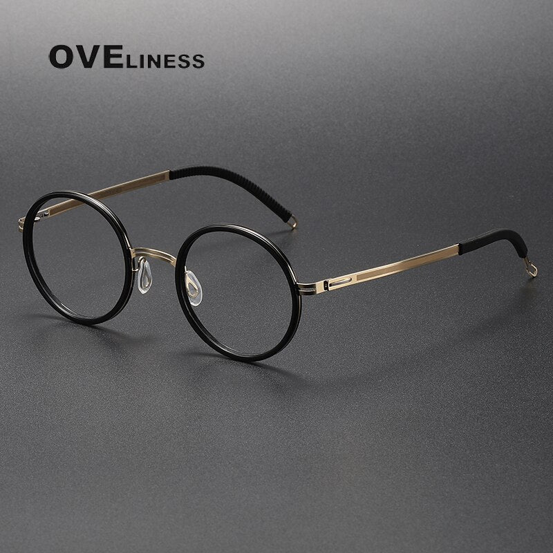 Oveliness Unisex Full Rim Round Screwless Titanium Acetate Eyeglasses 8202321 Full Rim Oveliness black gold  