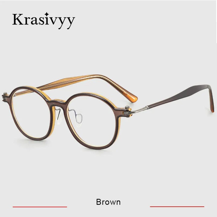 Krasivyy Men's Full Rim Round Acetate Titanium Eyeglasses Rlt5883 Full Rim Krasivyy Brown CN 