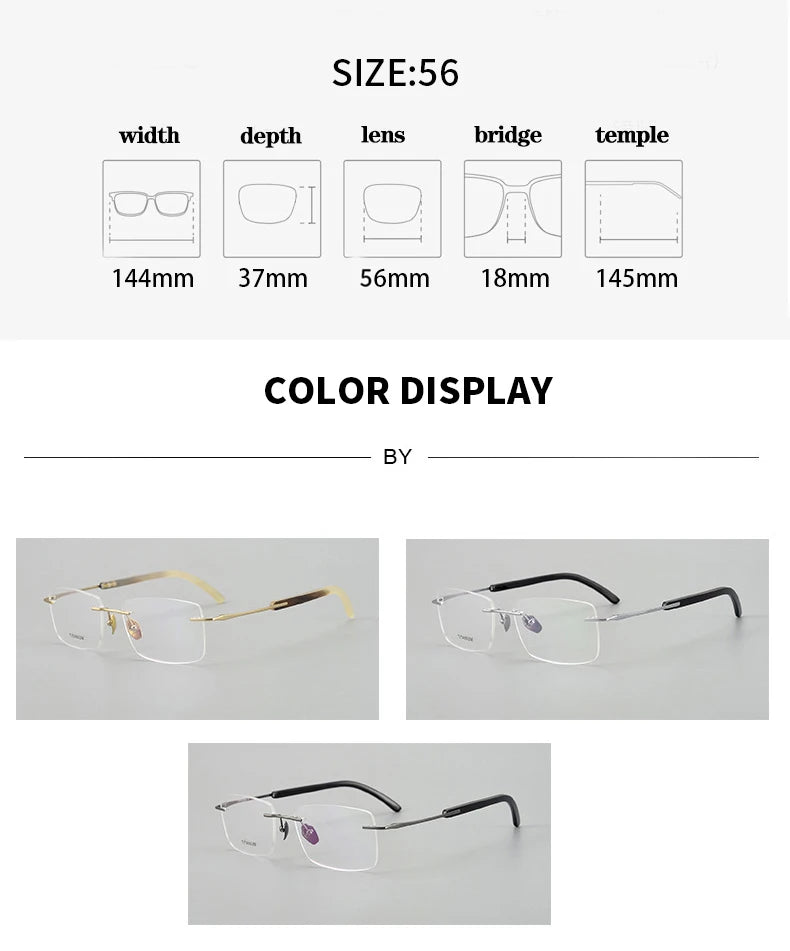 Hewei Women's Rimless Square Titanium Horn Temple Eyeglasses 921029 Rimless Hewei