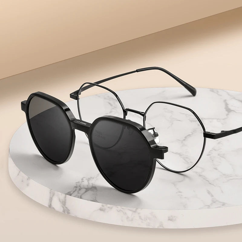 Gmei Women's Full Rim Flat Top Round Alloy Eyeglasses Clip On Polarized Sunglasses 8603 With Clip Ons Gmei Optical