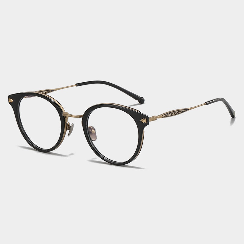 Gatenac Unisex Full Rim Round Acetate Titanium Eyeglasses Gxyj1058 Full Rim Gatenac Black Gold