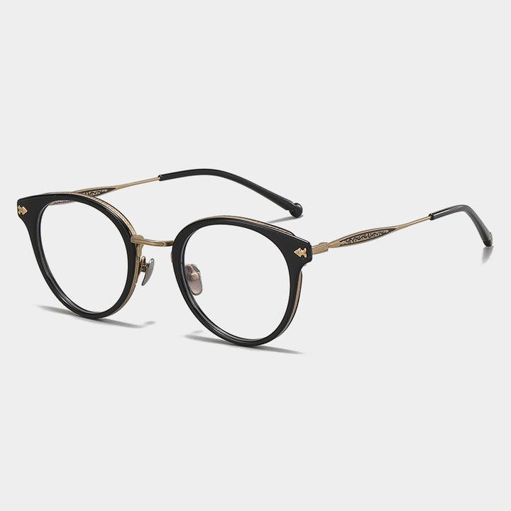 Gatenac Unisex Full Rim Round Acetate Titanium Eyeglasses Gxyj1058 Full Rim Gatenac Black Gold