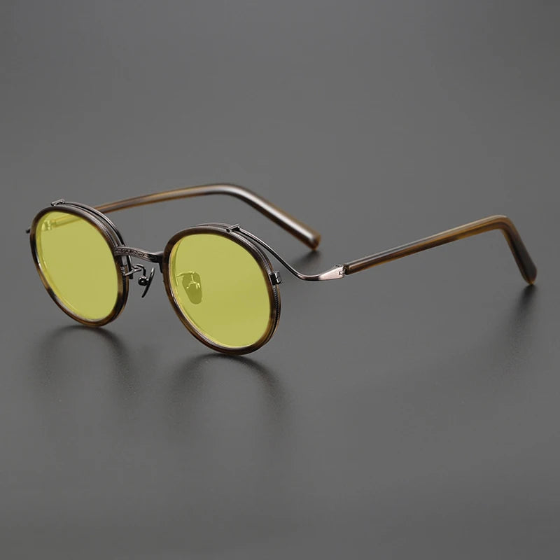 Gatenac Unisex Full Rim Round Polarized Acetate Titanium Sunglasses Mo12 Sunglasses Gatenac Stripe Yellow