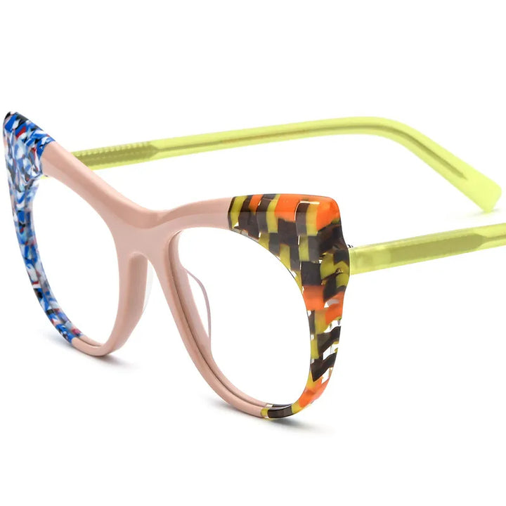 CCspace Unisex Full Rim Round Cat Eye Acetate Eyeglasses 56923 Full Rim CCspace C5PinkYellow