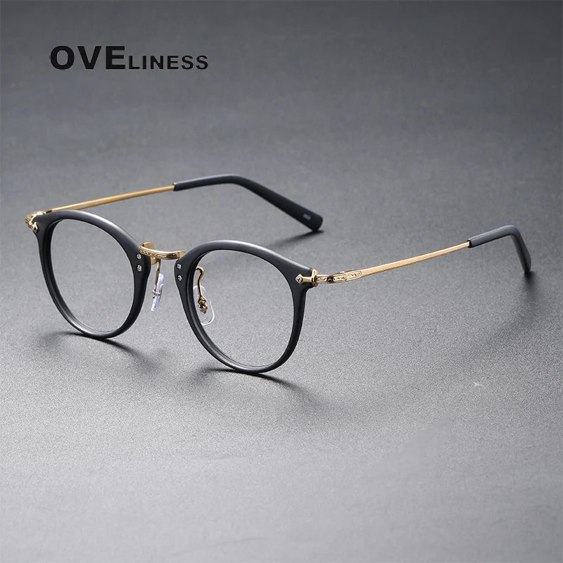Oveliness Unisex Full Rim Round Acetate Titanium Eyeglasses C805 Full Rim Oveliness matte black gold