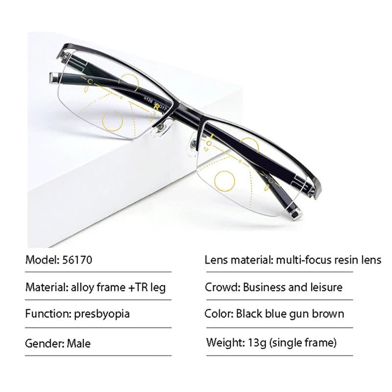 Handoer Unisex Semi Rim Square Alloy Progressive Reading Glasses 56170