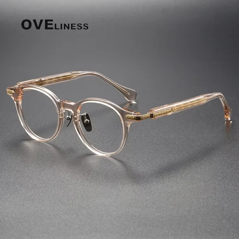 Oveliness Unisex Full Rim Round Oval Acetate Titanium Eyeglasses 80853 Full Rim Oveliness brown gold