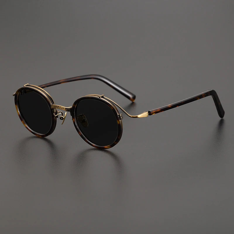 Gatenac Unisex Full Rim Round Polarized Acetate Titanium Sunglasses Mo12 Sunglasses Gatenac Tortoiseshell Gray