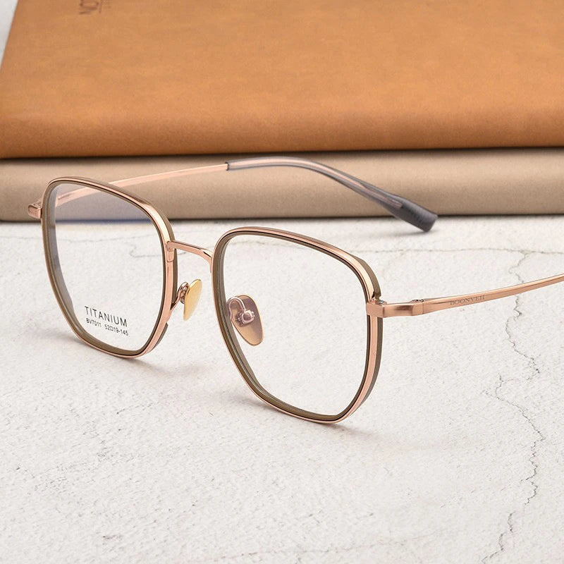 Kocolior Unisex Full Rim Square Titanium Acetate Eyeglasses V7011 Full Rim Kocolior Tea Gold