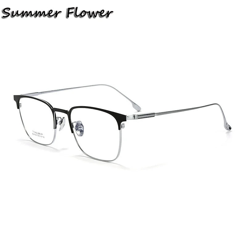 Summer Flower Unisex Full Rim Oval Square Titanium Eyeglasses 81023 Full Rim Summer Flower Black Silver