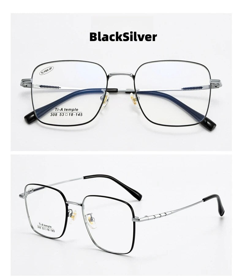 KatKani Unisex Full Rim Large Square Titanium Eyeglasses 308 Full Rim KatKani Eyeglasses BlackSilver  