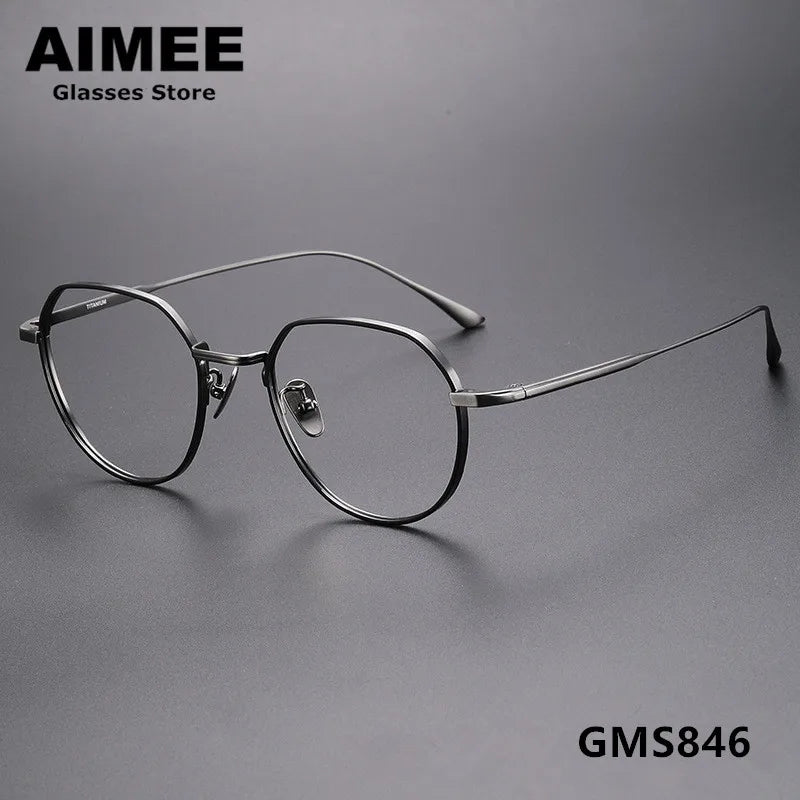 Aimee Unisex Full Rim Flat Top Polygon Titanium Eyeglasses 7846 Full Rim Aimee Black-Gun